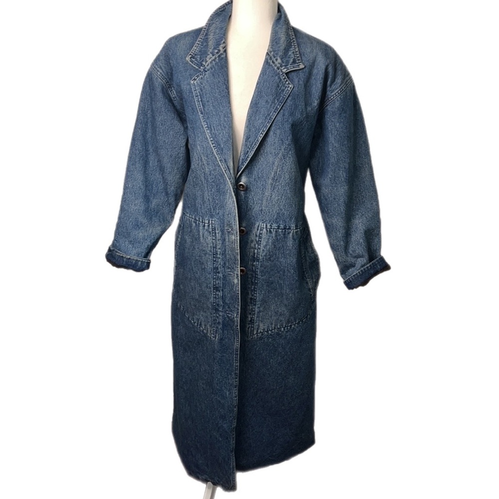 Vintage Nordstrom Denim Full Length Trench Coat L - Picture 2 of 14